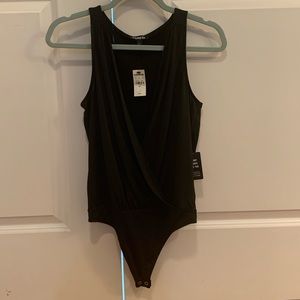 Express black low cut pleated silky tank bodysuit